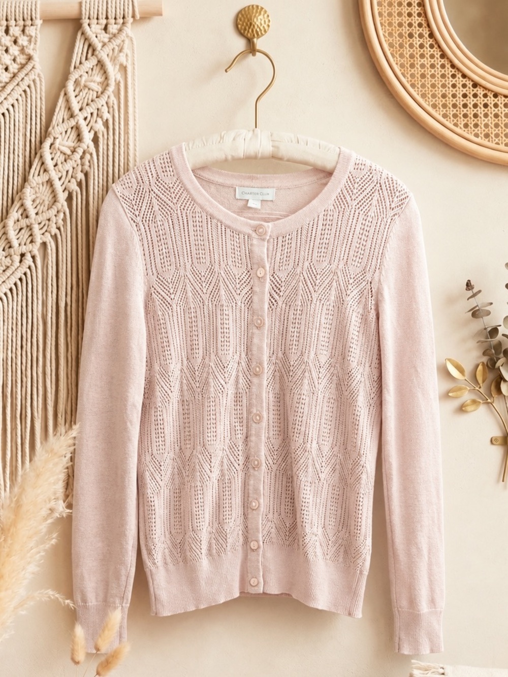 Charter Club Pale Pink Open-Knit Button Cardigan